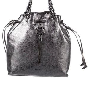 JIMMY CHOO CALLIE DRAWSTRING SOFT CRINKLED LEATHER METALLIC HOBO.